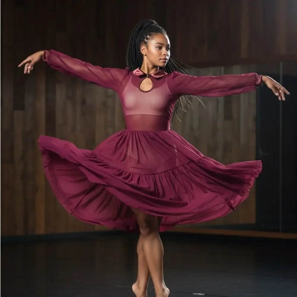 Double Platinum Burgundy wine Sheer Ruffled Tiered Long Sleeve Dress Adult M